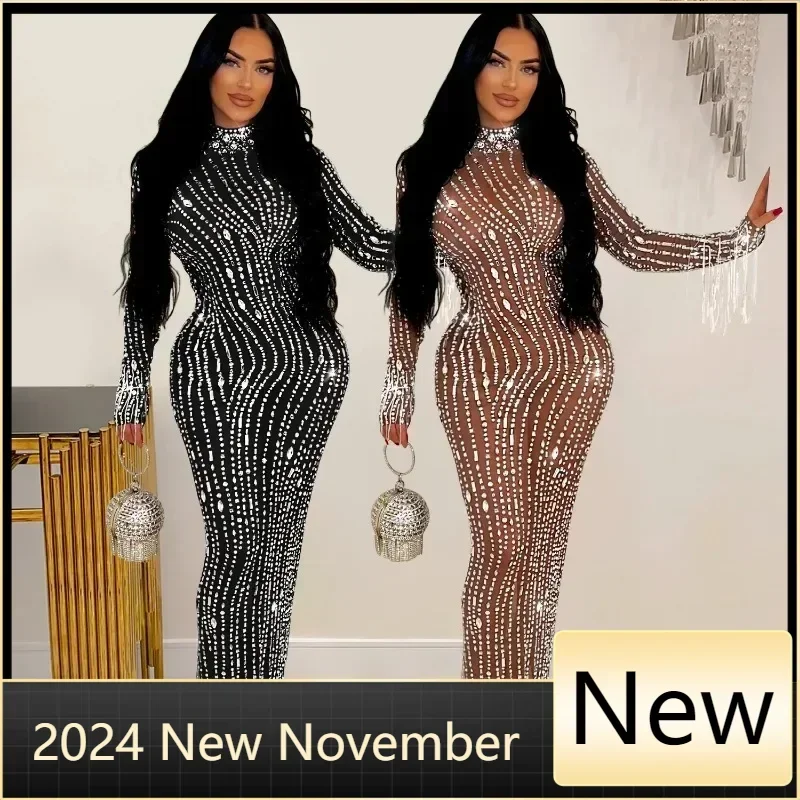 Luxury Women's Mesh Diamonds Long Sleeve Prom Dresses Party Formal Bodycon Evening Gown Vestidos Clothing Traf Y2k Zevity