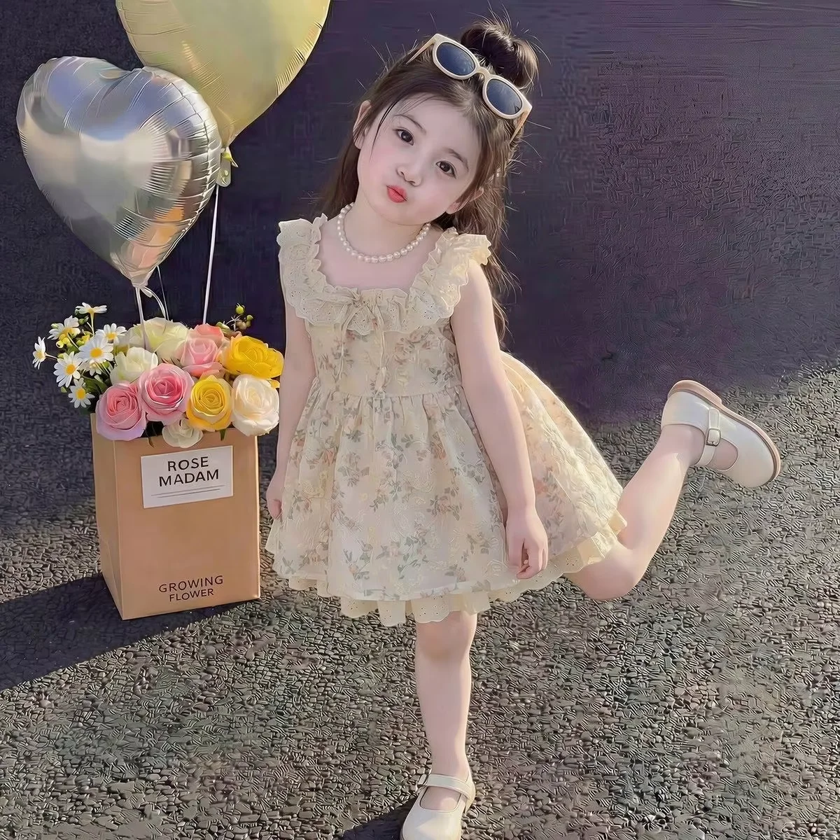 

Girls Floral Summer Dress New Style Children's Halter Dress Vacation Vibes Baby Vest Skirt 90-140cm