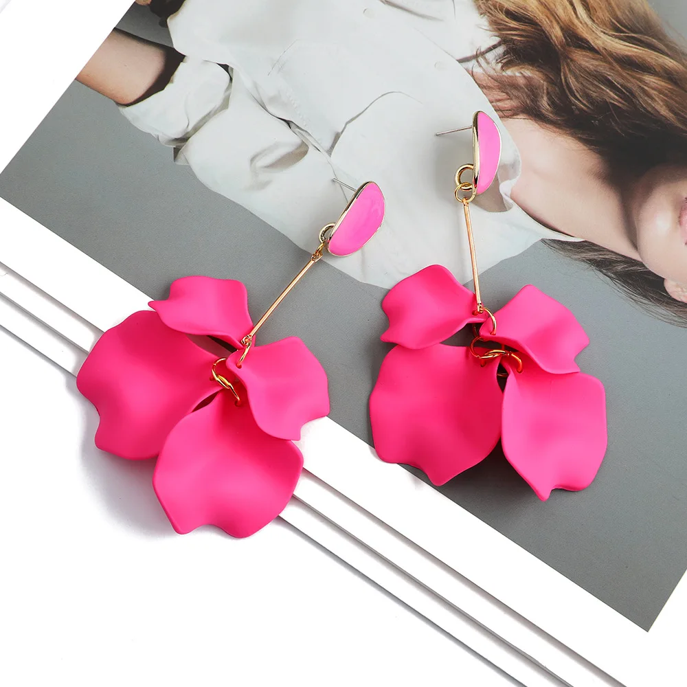 12 Colors Romantic Sweet Acrylic Petal Long Dangle Drop Earrings For Women Girl Trend Luxury Fuchsia Jewelry