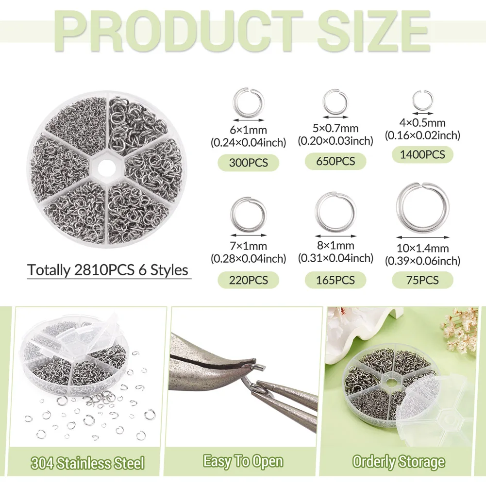 2810Pcs/2980Pcs 304 Stainless Steel Open Jump Rings Sets Metal Connector Rings for DIY Jewelry Crafting Keychain Accessories