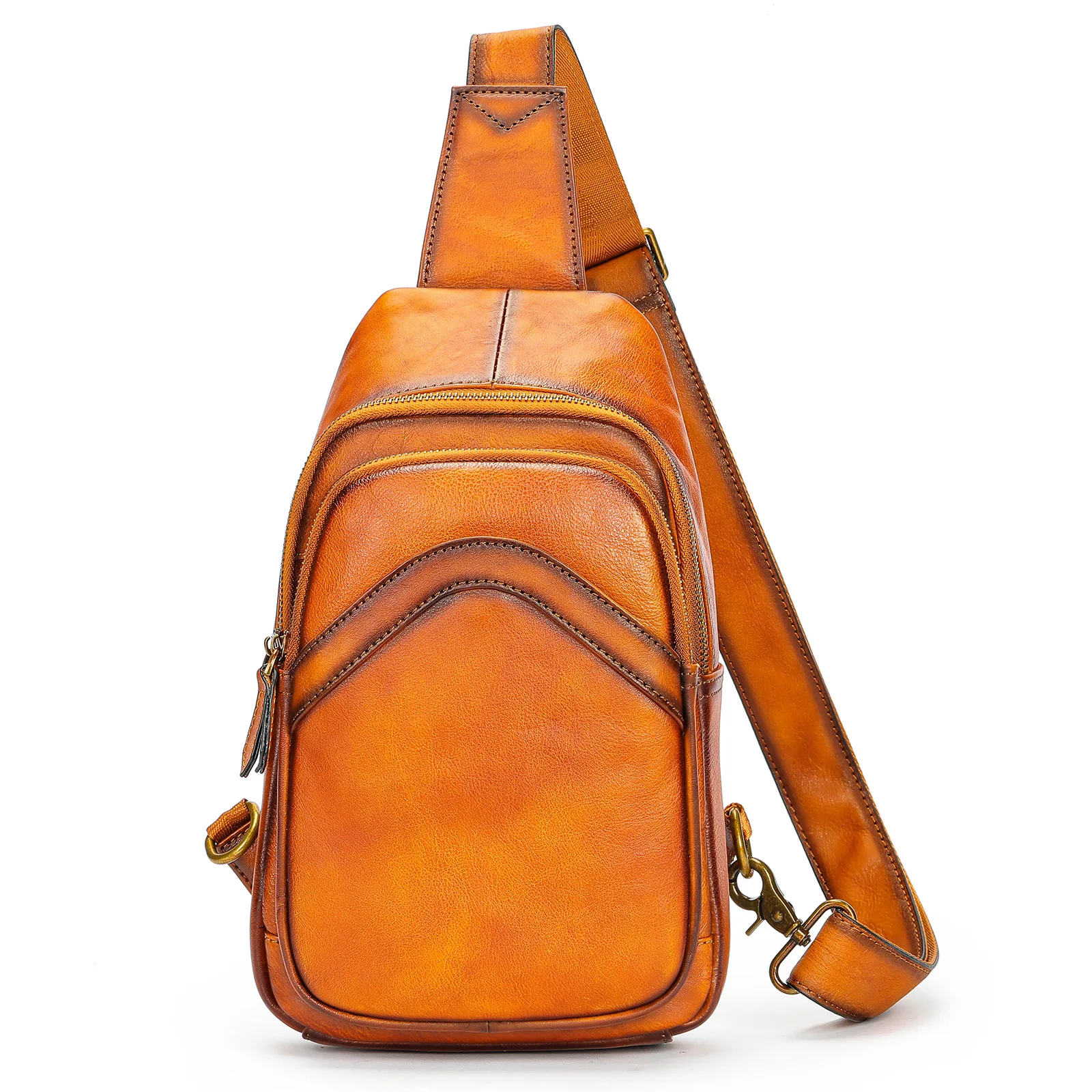 Minimalist Vegetable Tanned Leather Chest Bag, Men's Soft Cowhide Crossbody Sling, Sleek Casual EDC Front Pack