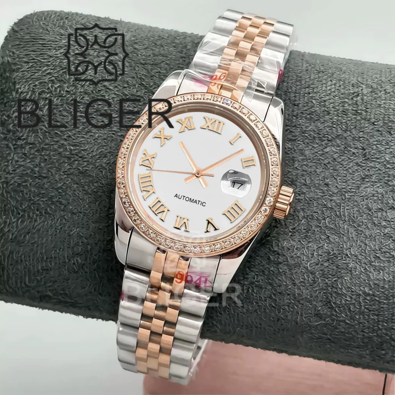BLIGER 31mm Luxury Decorated Diamond Lady's Watch NH05 Two Tone Rose Gold Case Sapphire Glass Brown Sunburst Dial Roman Number