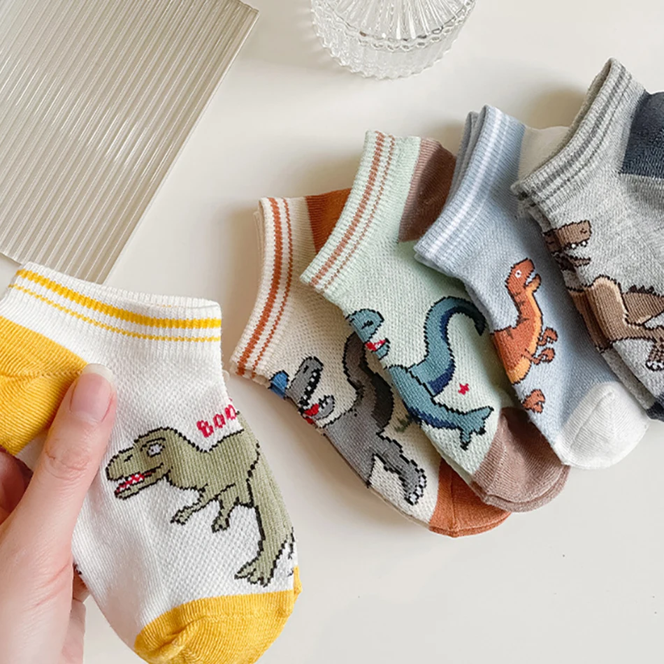 

Superior Quality Boys Breathable Cartoon Dinosaur Pattern Knit Socks Thin and Mesh Ideal for Baby Toddler Spring Summer Seasons