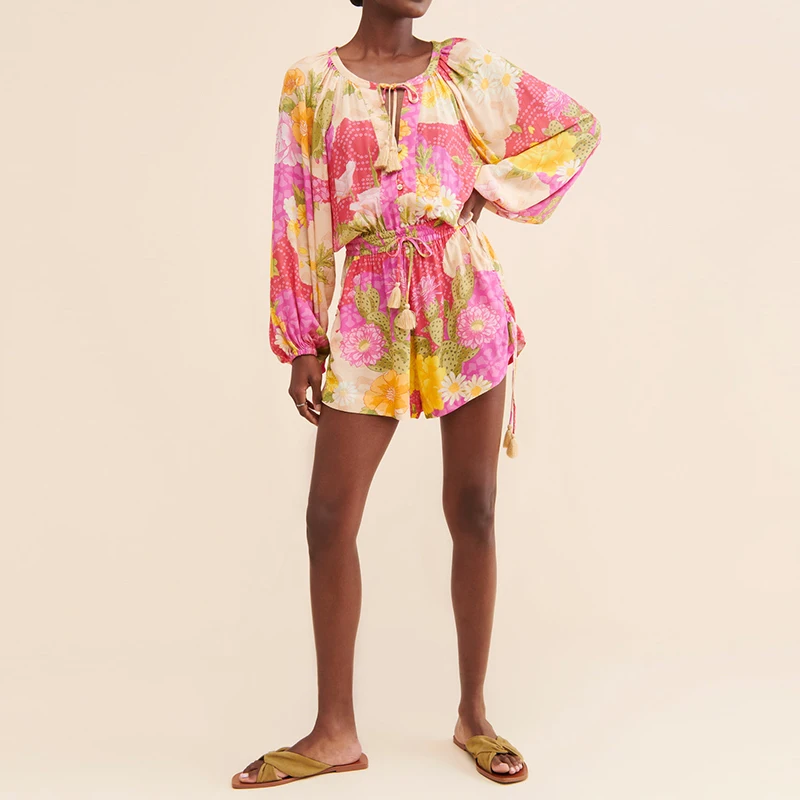 

Fashion O-neck Pullover & Short Pant Set Women's Casual Long Sleeve Hollow 2Pc Outfits Elegant Floral Print Chiffon Loose Suits