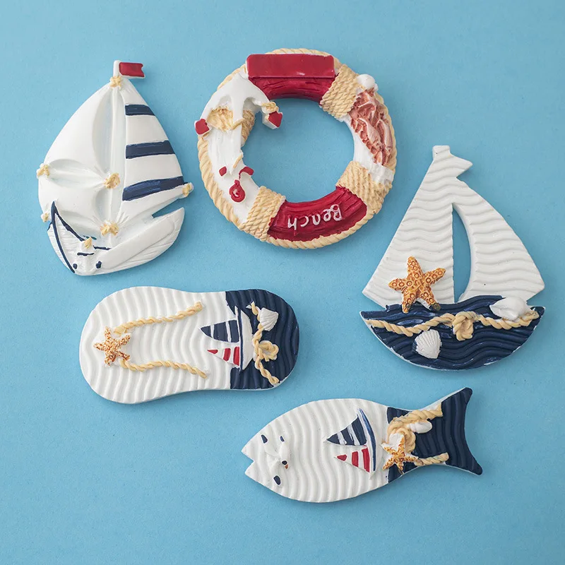 Mediterranean Style Decorative 3D Fridge Magnets Small Fish Lifebuoy Sailboat Creative Resin Magnets for Home Decor Souvenirs