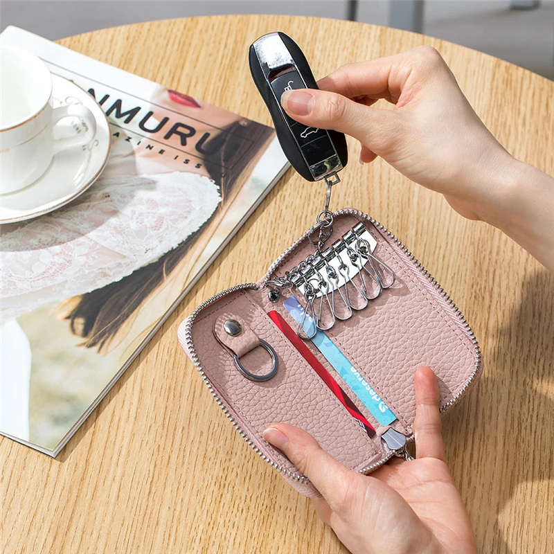 Genuine Leather Keychain Men Women Key Holder Organizer Pouch Cow Split Housekeeper Car Key Case Coin Wallet Mini Card Bag