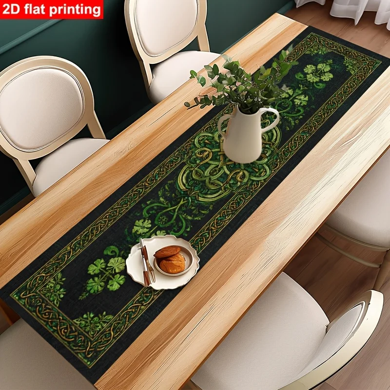 Green Celtic Pattern Linen Table Runner, Vintage Home Decor Table Flag For Retro Style, 100% Linen Tablecloth Runner