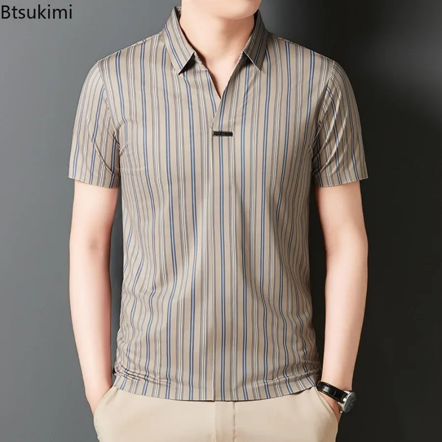 2025 New Men's Short-sleeved Business Casual Striped Shirts Fashion Breathable Lapel Pullover Tops Anti-wrinkle Polo Shirts Male
