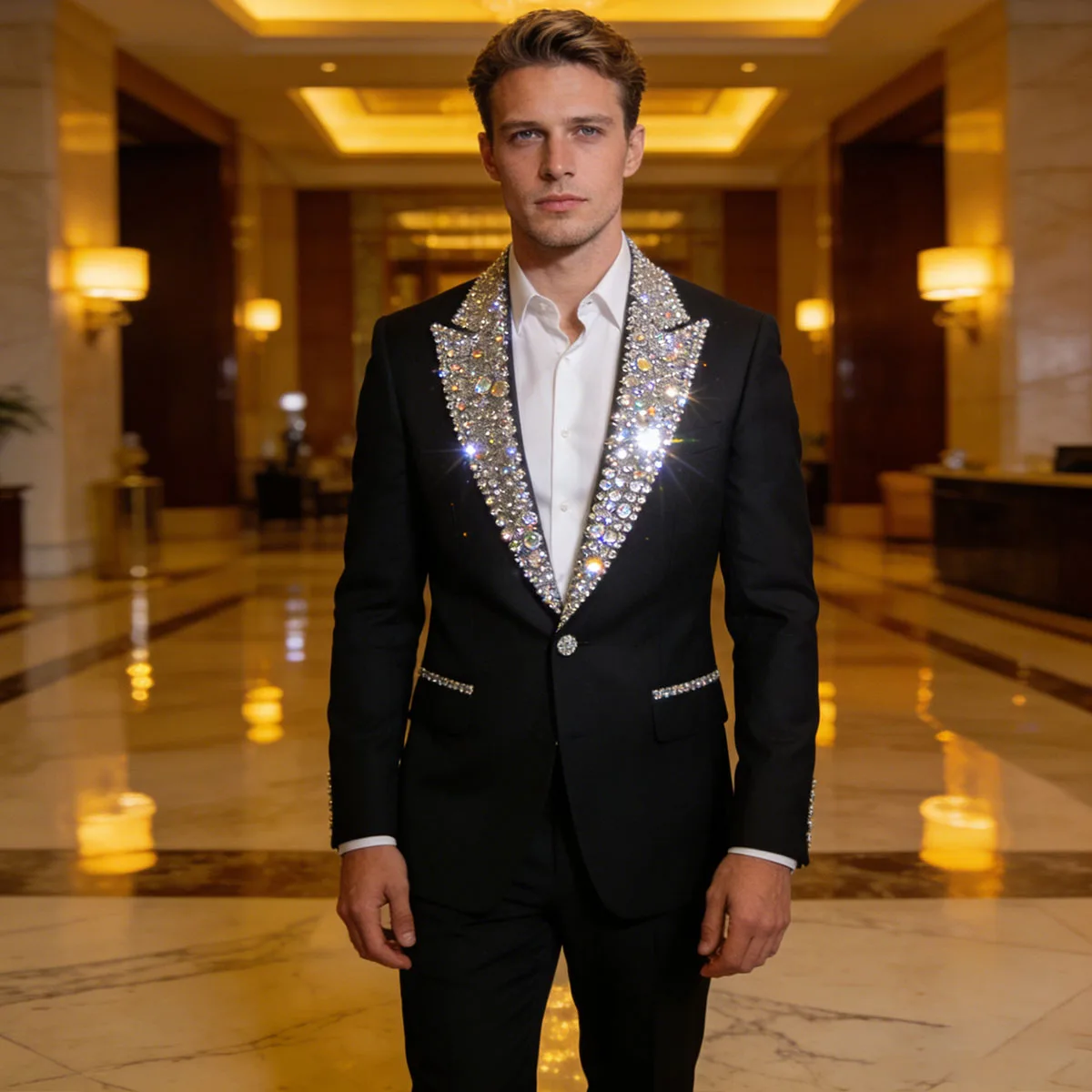 

Customized Luxury Crystals Men Suits trajes para hombre 2 Pieces Sets Male Prom Blazer Shawl Lapel Groom Wedding Tuxedos