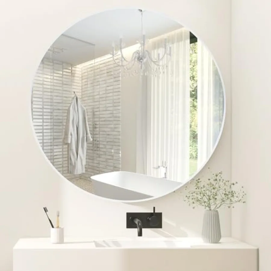 

Round Bathroom Mirror 30 Inch, Wood Framed Circle Mirrors with Tempered Glass for Bedroom Living Room or Entryway Modern Wall D