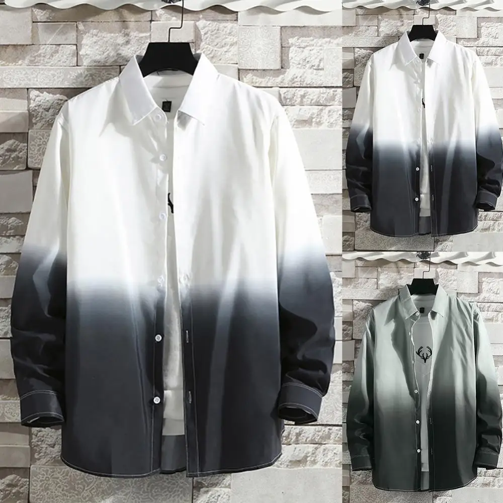 

Fashion Top Buttons Long Sleeve Shirt Turn Down Collar Loose Men Gradient Color Top