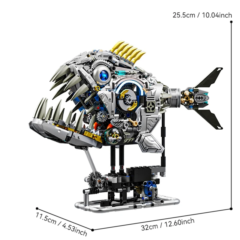 Bloques de construcción de pez Piranha mecánico técnico, vida marina, Motor de potencia, modelo del mundo Animal, juguetes de ensamblaje para niños, regalo para niños
