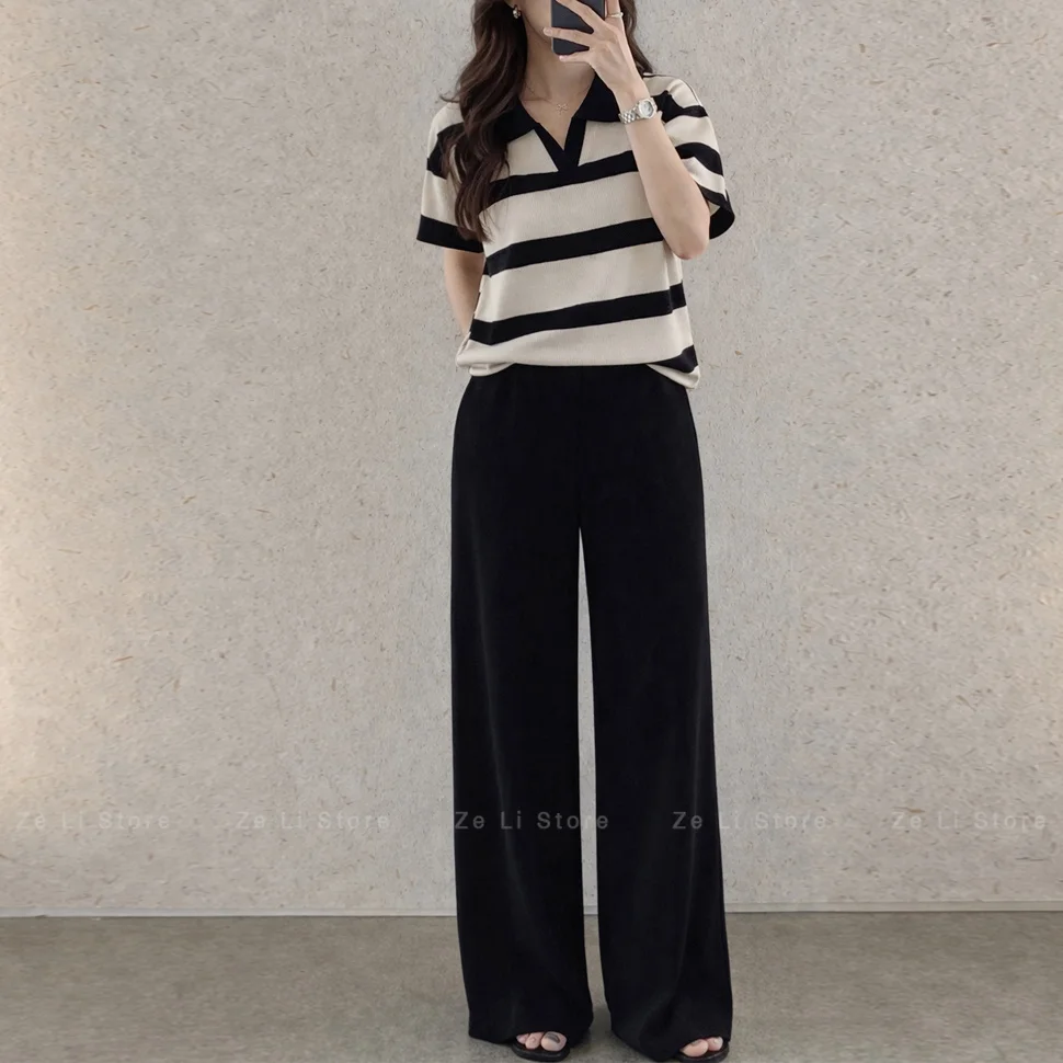 

Korean Style Neck Striped Wide Leg Pants Two Piece Set Simple Summer Fashion Straight Cut Versatile Top Bottom Ensemble
