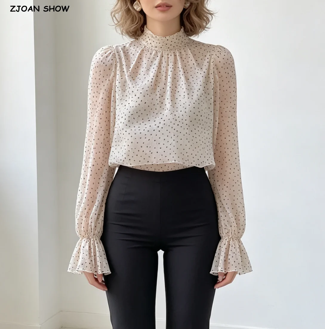 Spring Autumn Women Apricot Polk Dot Print Chiffon Shirt Tie Bow Collar Flare Long Sleeve 2 Layers Hem Pullover Blouses Tops