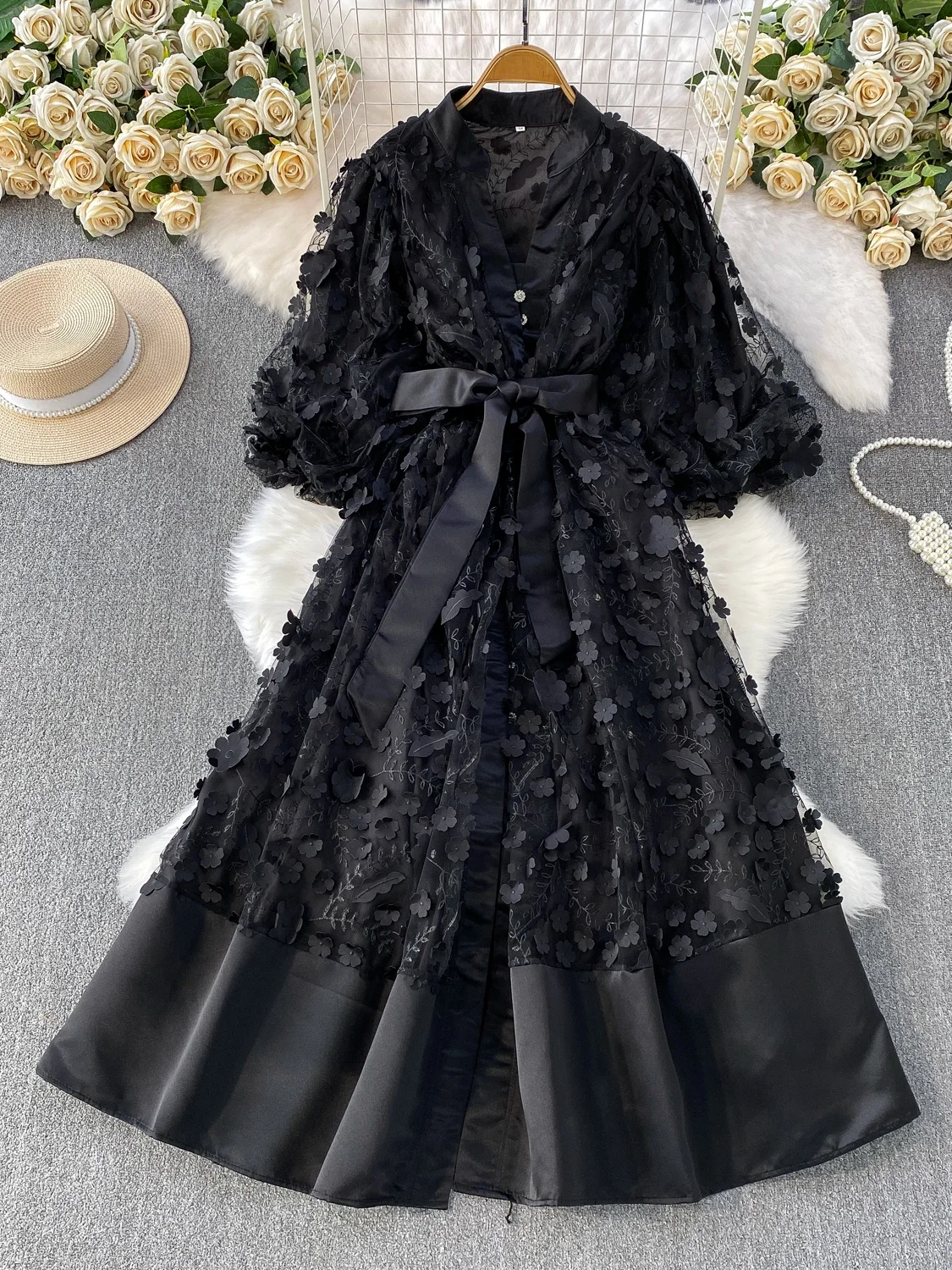 

Court Style Heavy Work Mesh Splicing 3D Flower V Neck Lantern Long Sleeve Waist in Slimming Long Dress Evening Gown Dress
