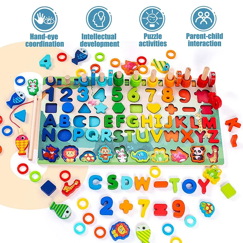 Wooden Educational Fishing Log Board Shapes Sorter Stacker Game Colorful Game For Kids Gifts Toys Gift