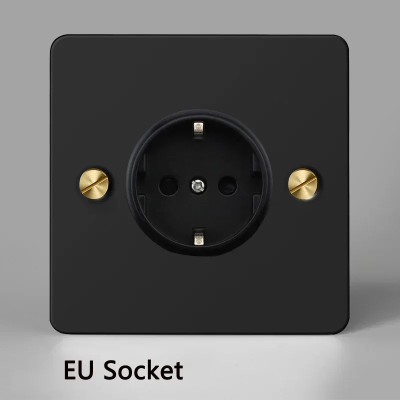 Matte Black Stainless Steel Panel Golden Screw Wall EU FR Socket Electric USB Type C Plug Toggle Switch