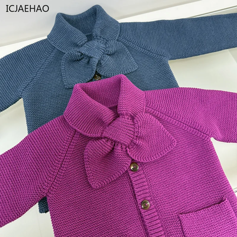 MP 2025 Cardigan Girls Bow Tie Knitted Sweaters Pocket Long Sleeve Winter Spring Colored Cotton Sweater Jacket Knitting Clothes