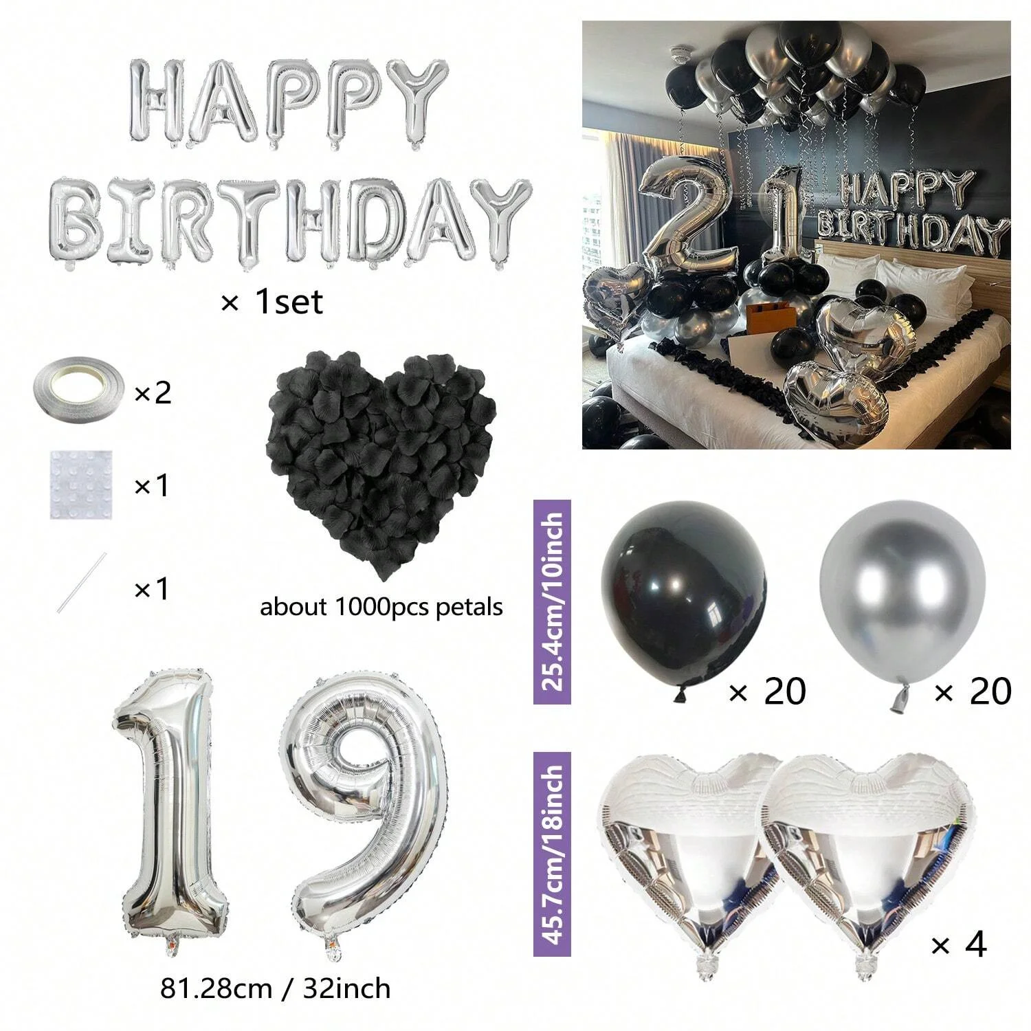 1050 Stück Schwarze & Silberne Partyballons Dekorationen mit Silbernem Happy Birthday Banner Chrom Silber Ballons für Kinder und Erwachsene