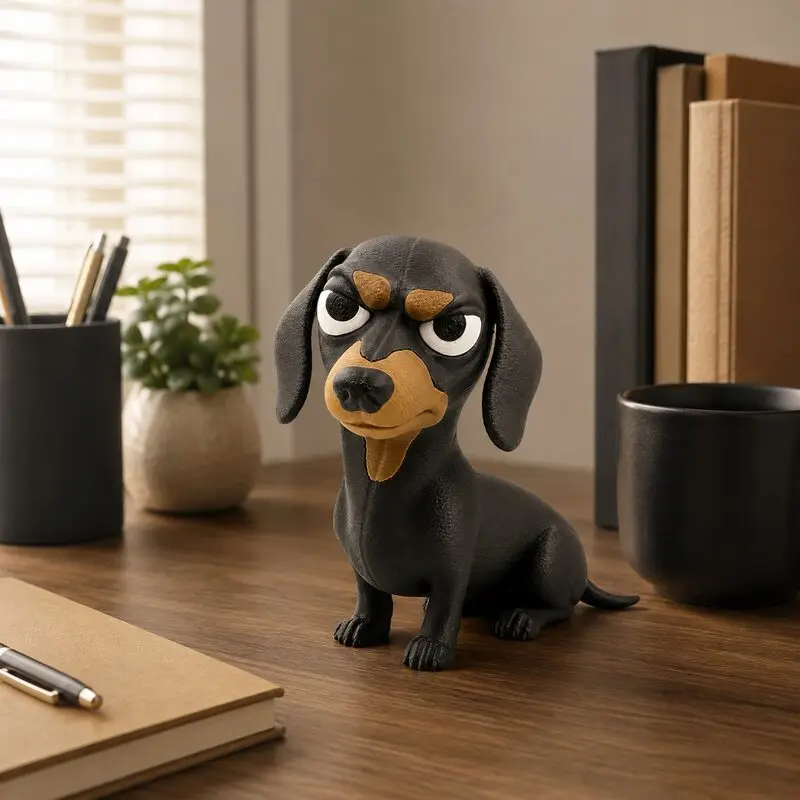 3D Printed Grumpy Dachshund Figurine Angry Expression Sausage Dog Statue Home Desktop Decor Pet Lover Gift