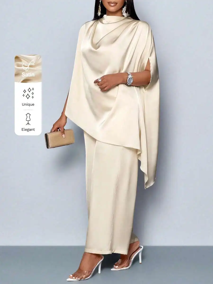 

Женский комплект из асимметричной блузки с воротником-стойкой из сатина и брюк прямого кроя, элегантный наряд больших размеров для осени
