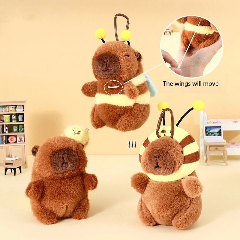 Cute Bee Capybara Doll Keychain Cartoon Pull Drawstring Rope Wings Will Flapping Capibala Animal Car Key Chain Backpack Pendant
