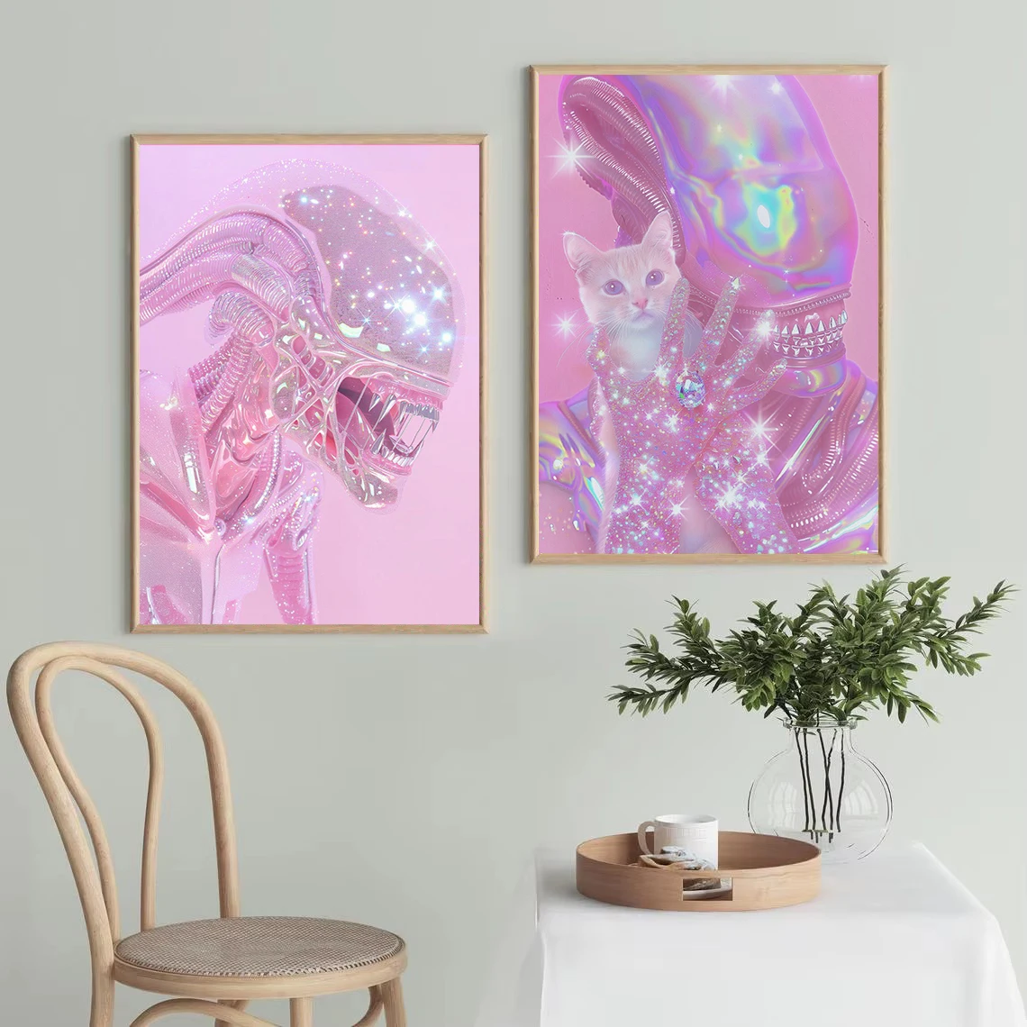 Glittering Pink Alien Sci-Fi Futuristic Iridescent Fantasy Creature Poster Canvas Painting Wall Pictures Home Bedroom Decor