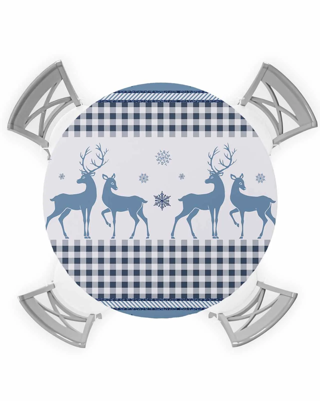 Christmas Deer Snowflake Grid Round Elastic Edged Table Cover Protector Cloth Waterproof Rectangle Fitted Tablecloth