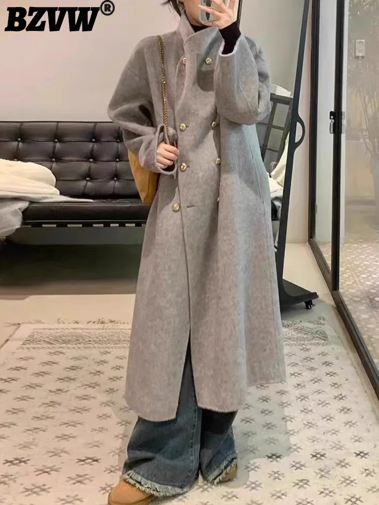 

BZVW Elegant Double Sided Woolen Coat Womne's Stand Collar Double Breatsed Solid Color Coats 2024 Autumn New Clothing CPG1802