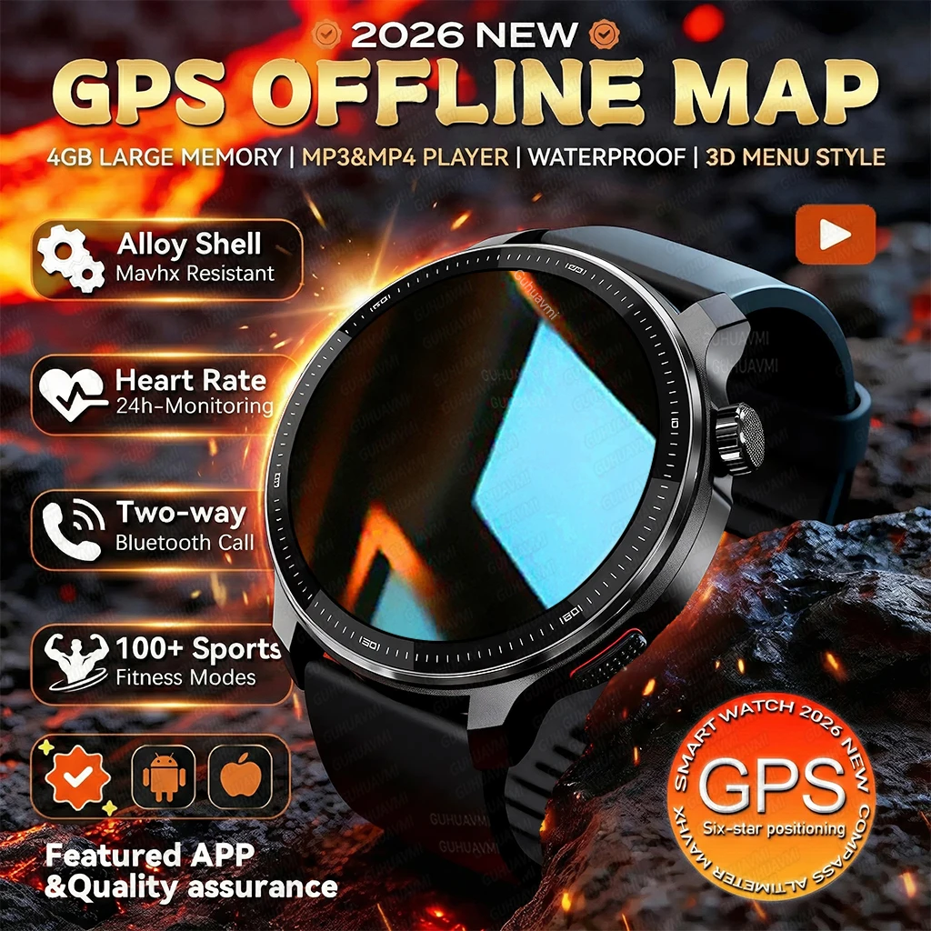 

2026 Military GPS Offline Map Smart Watch 4GB Memory 3D Menu Styles TWS MP3&MP4 Player Waterproof Voice Call Sports Bracelet Men