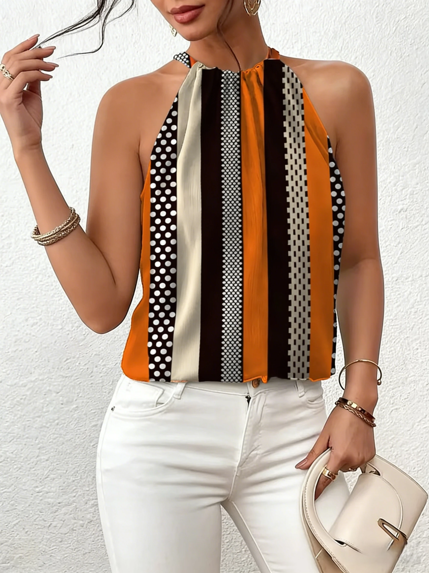 Bohemian Striped Polka Dot Halter Top Sleeveless Loose Fit Orange Black Blouse For Office Daily Vacation Summer Outfits
