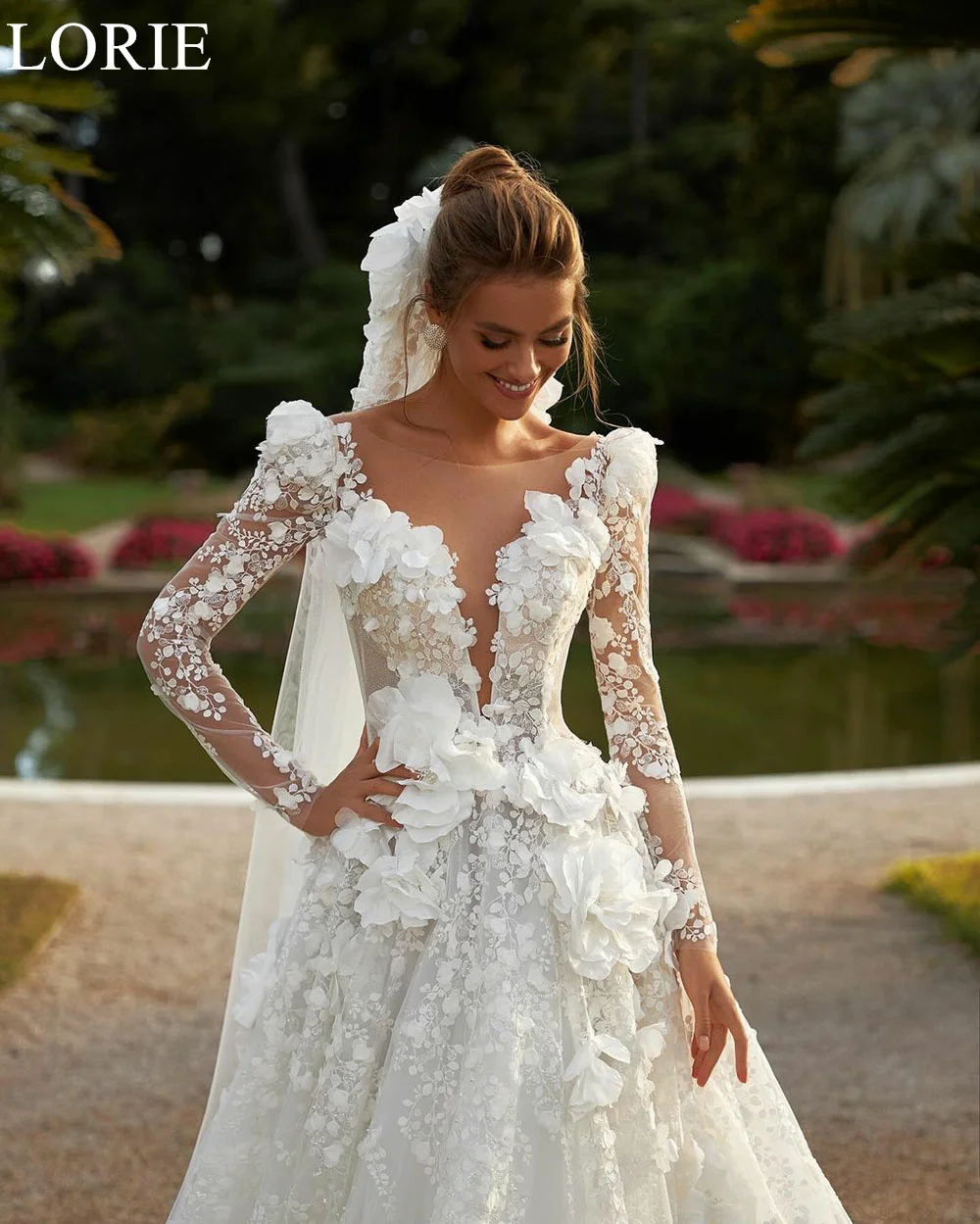 LORIE A-Line V-Neck BOHO Wedding Dresses with 3D Flowers Lace Appliques Long Sleeves Luxurious Princess Bride Wedding Gown 2024