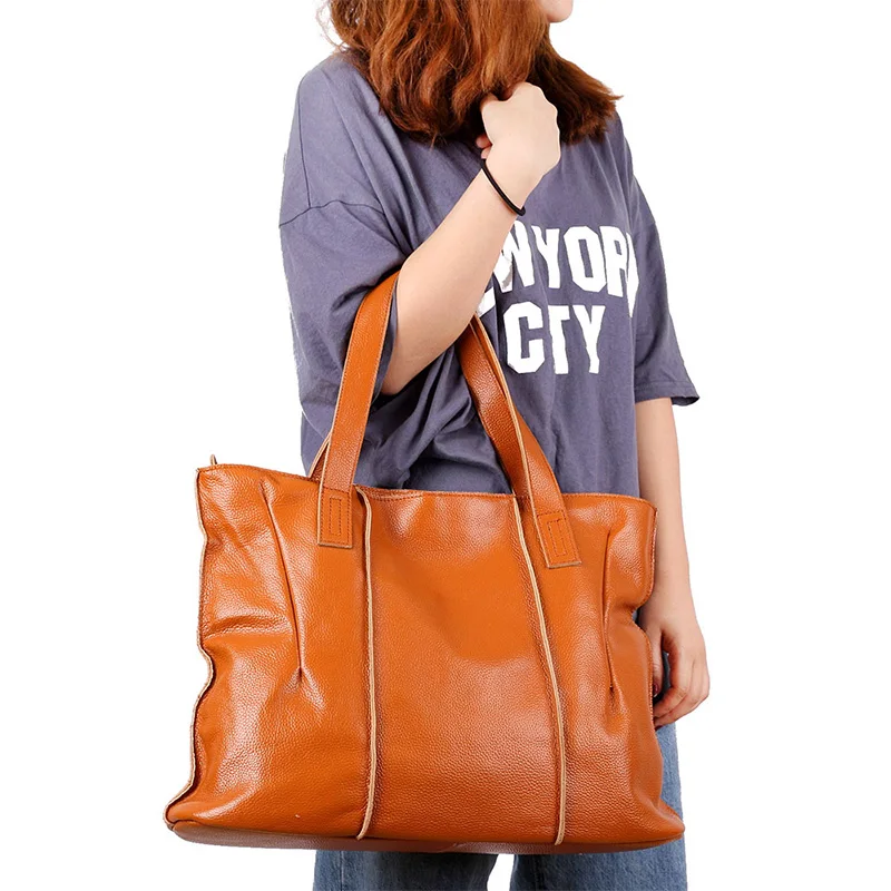 Women Vintage Soft Pebbled Genuine Cow Leather Tote Bag Large Capacity Daily Work Shoulder Handbag Office Lady Top Handle Purse