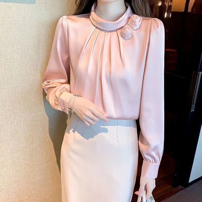 Temperament Solid Color Thin Blouse Spring New Long Sleeve Youth All-match Loose Elegant Shirt Tops Fashion Office Women Clothes