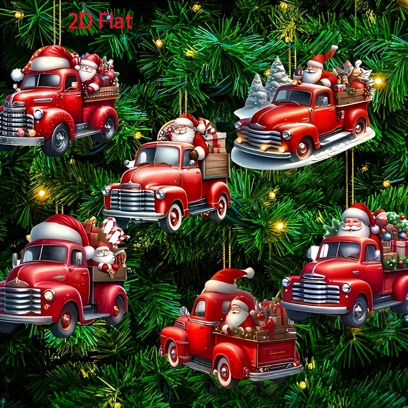 12pcs Rustic Wooden Christmas Trucks with Santa Festive Holiday Hanging Decor Christmas Tree Ornament Room Party Decoration