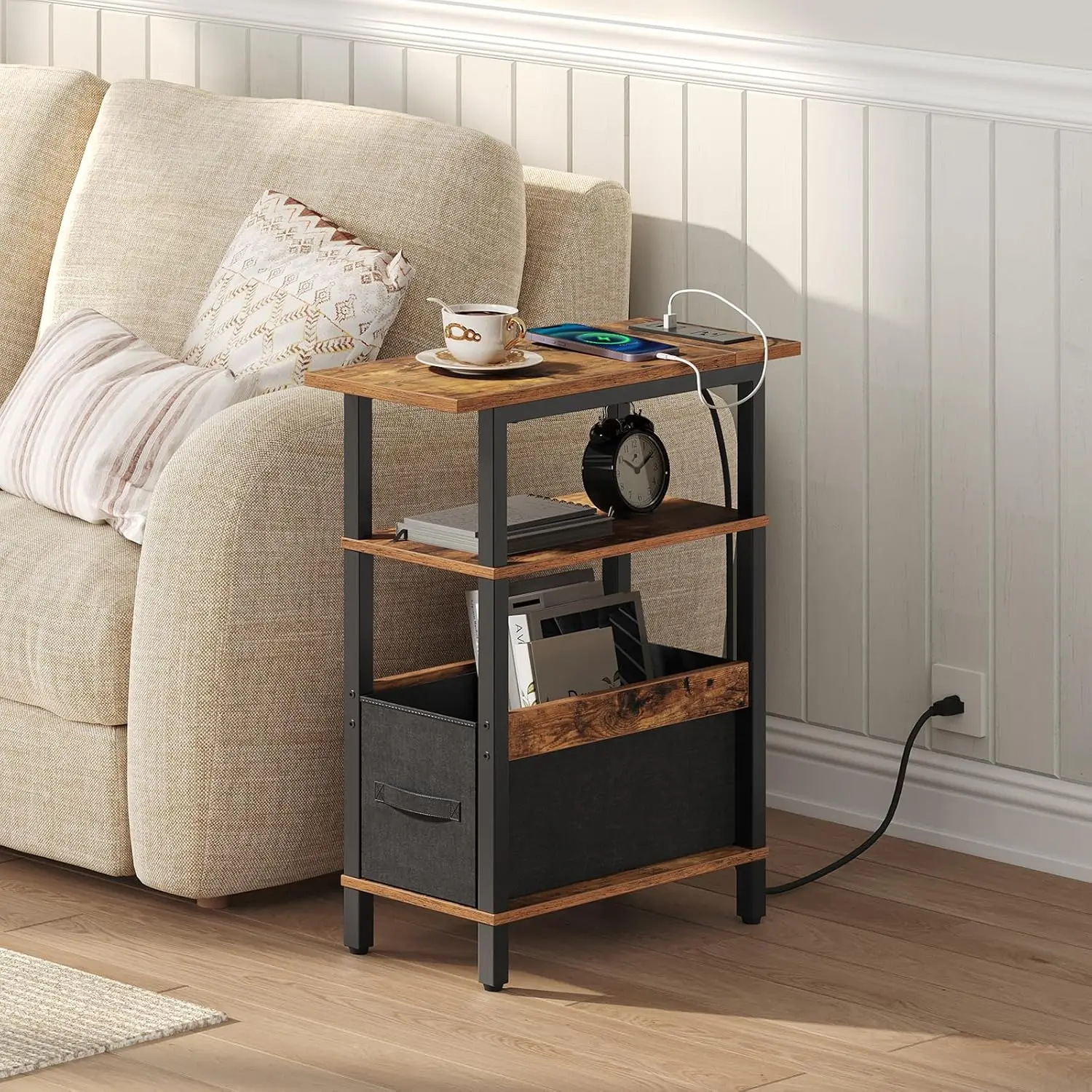 

Slim Nightstand with Charging Station, Fabric Storage, Rustic Brown – Narrow End Table for Small Spaces