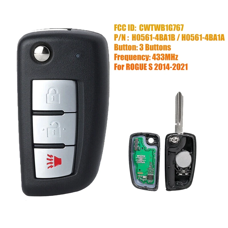 1 Piece Flip Remote Smart Key Fob 3 Button Keyless Entry CWTWB1G767 4A For NISSAN ROGUE S 2014 2015 2016 2017 2018-2021