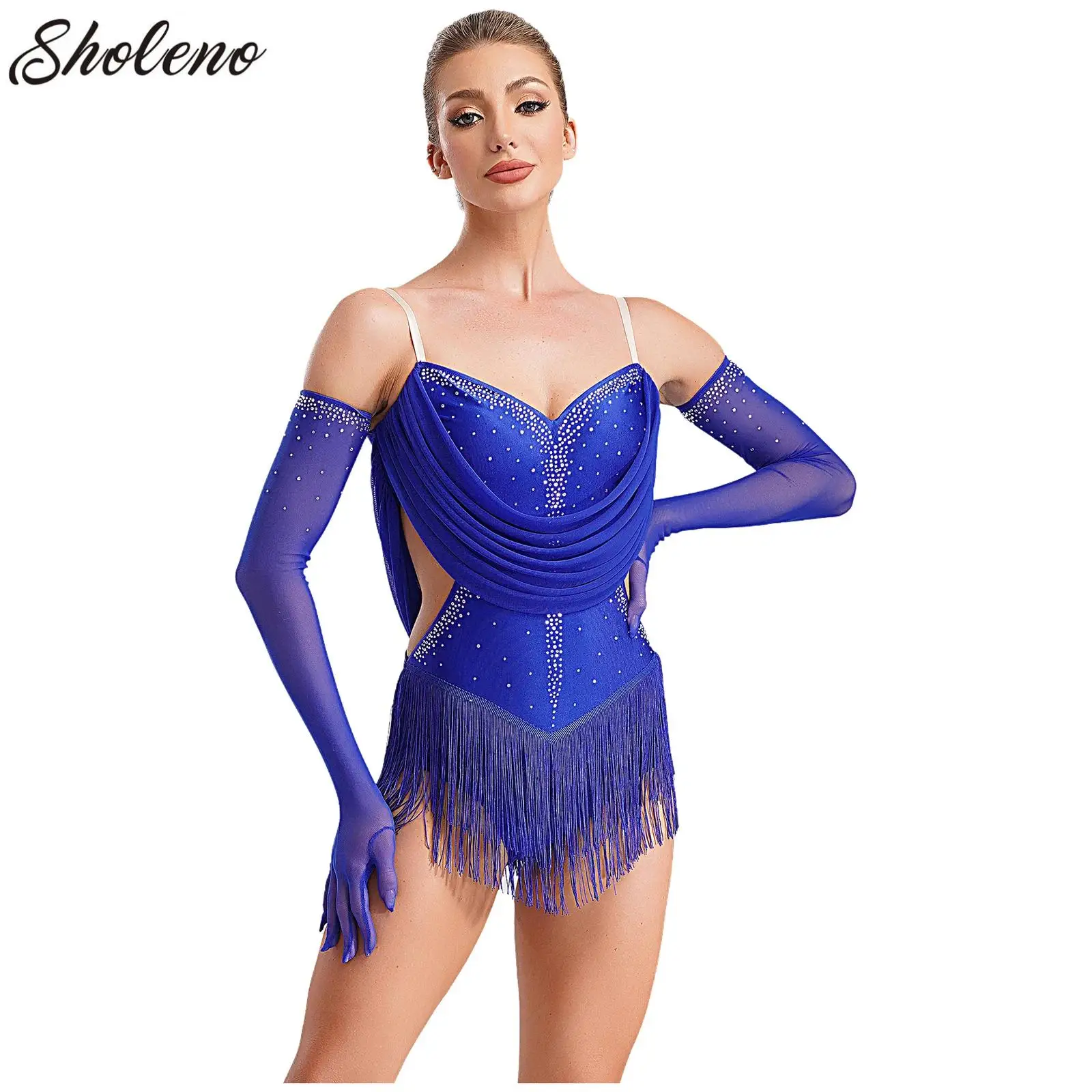 Womens Tassel Latin Rumba Dance Leotard Glittery Cutout Fringed Bodysuit with Gloves Cha-cha Samba Tango Performance Costume