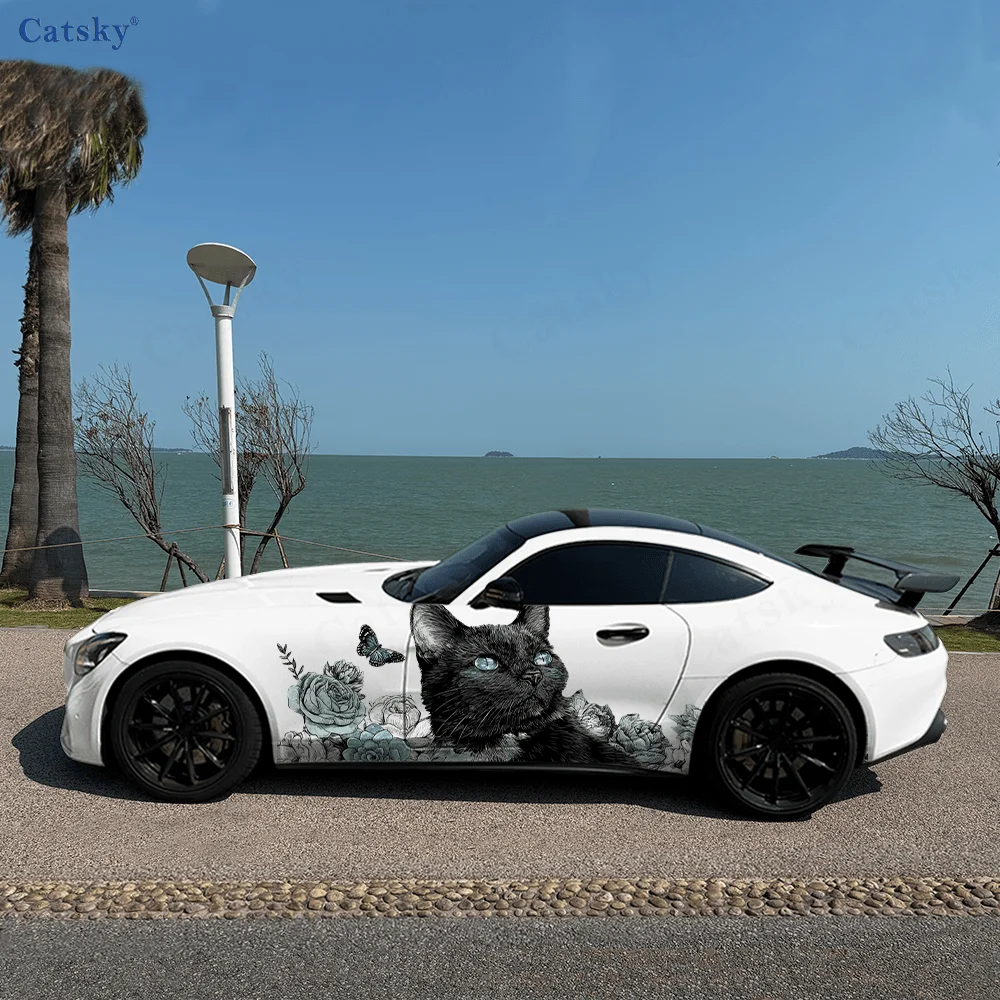 

Черные кошки цветы бабочка боковая наклейка автомобиля Декор, ПВХ водонепроницаемая устойчивая к царапинам наклейка, защита автомобиля, автоаксессуары в подарок