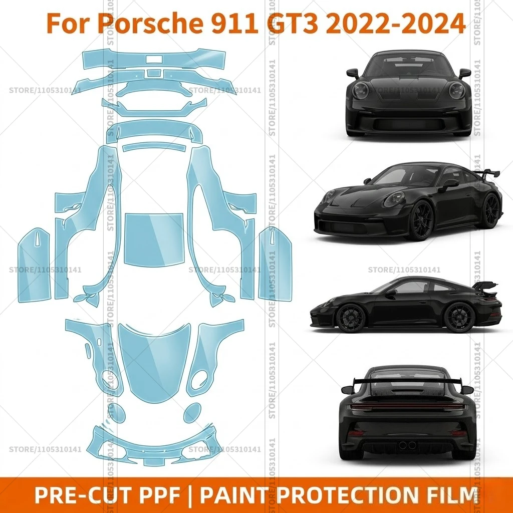 

Предварительно нарезанная защитная пленка PPF, прозрачная защита бампера, автомобильная прозрачная пленка для Porsche 911 GT3 2022-2024