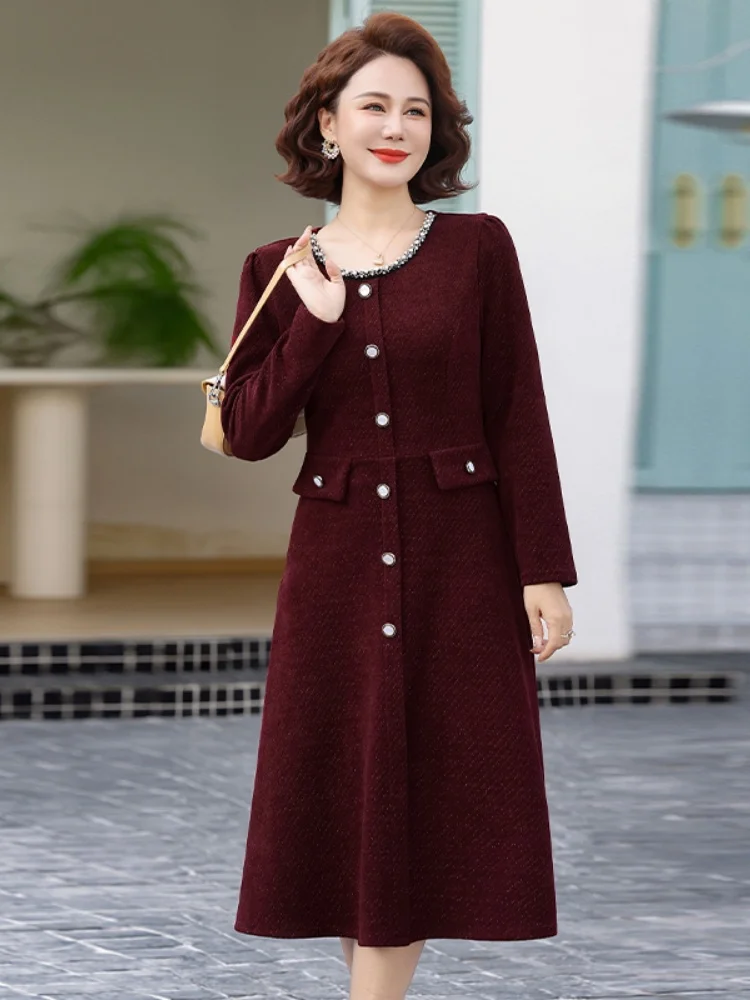 casual-long-sleeve-round-neck-dress-fashionable-midi-skirt-for-mom-spring-autumn-polyester-fiber-standard-size-loose-fit