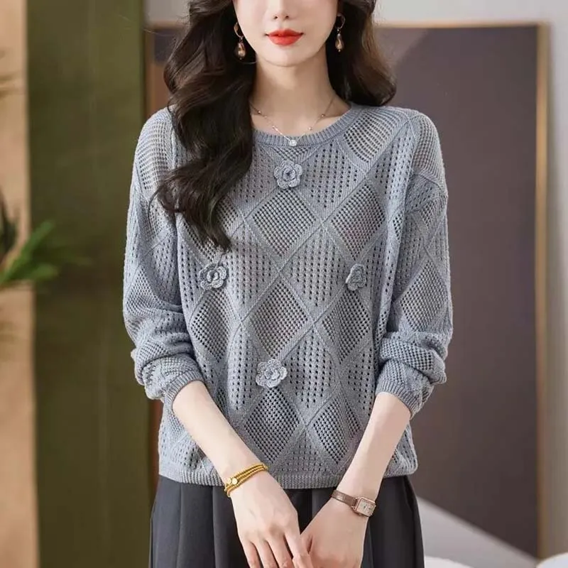 2026 Women Autumn Hollow Thin Sweater Pullover New Solid Long-sleeved Casual Knitted Sweater Jumper Female Bottoming Shirt Tops