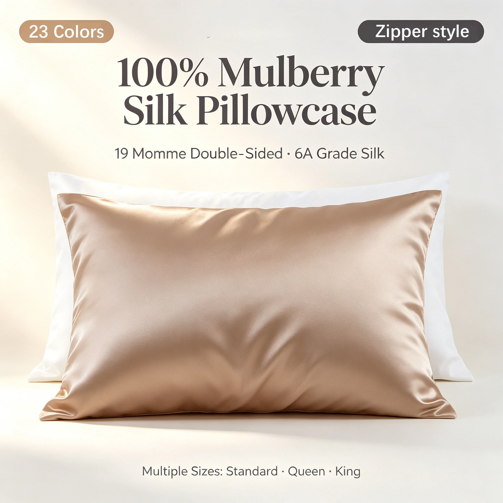 100% Pure Mulberry Silk Pillowcase 19 Momme Double Sided Silk Pillow Cover Zipper Closure Hypoallergenic for Hair Skin 23 Colors