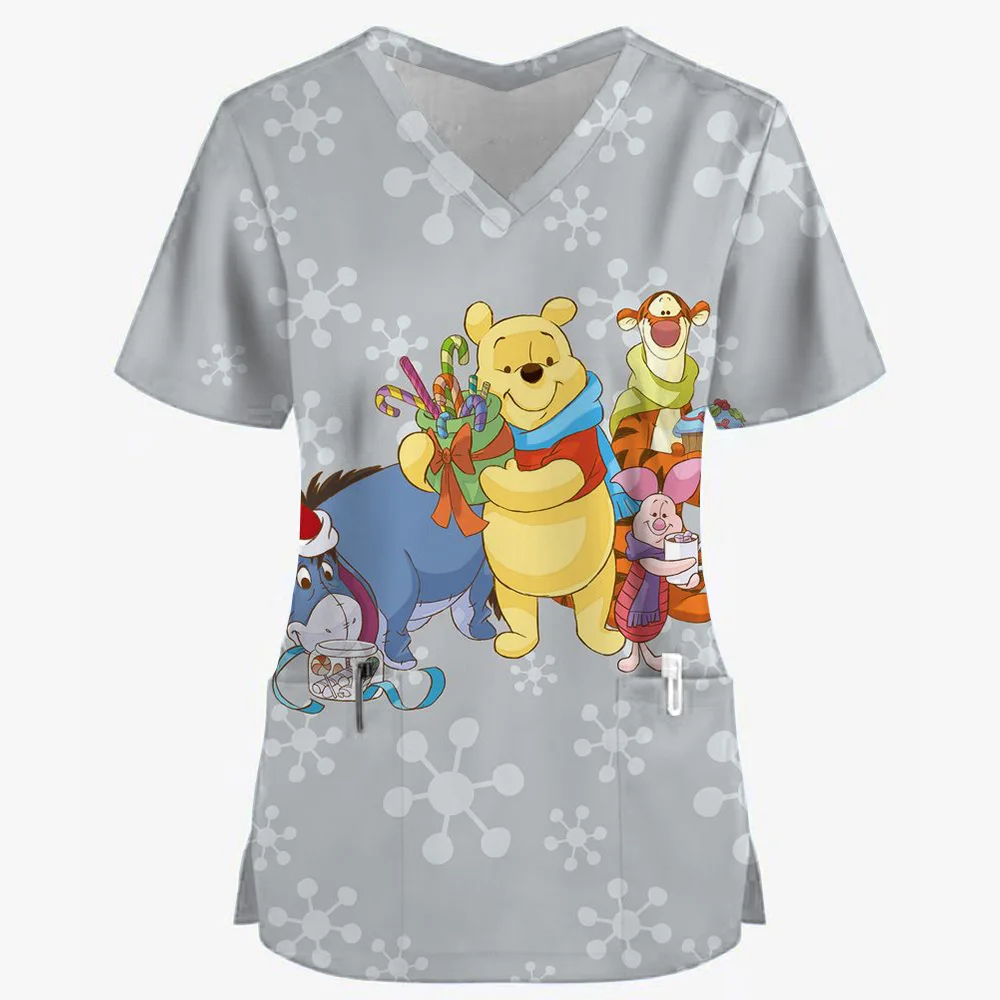 Lovely Winnie The Pooh Disney Medical Uniforms Nurse Scrub Dental Hospital Nursing Tops V-neck Uniform Scrubs Tops for Women