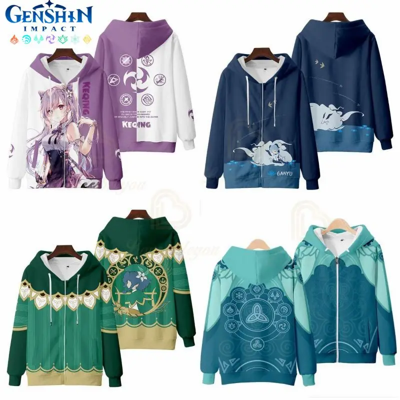 Genshin Impact Zipper Hoodie Anime Kaedehara Kazuha Pattern Tops Women Men Spring Fall Role-playing Hooded Jacket Gift