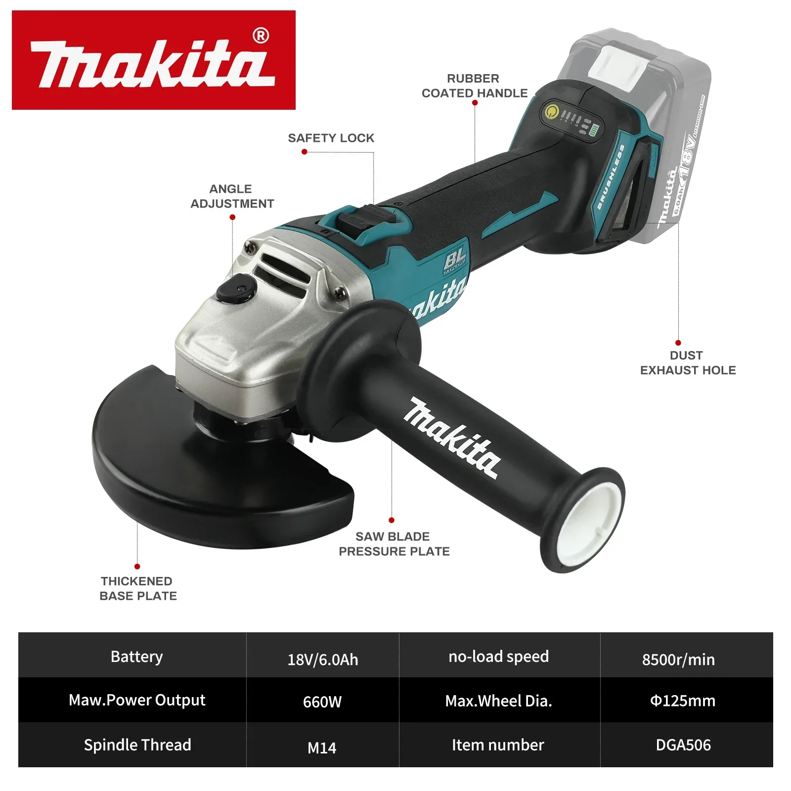 For Makita 18v Battery Pins, DGA506 Surface Finisher,8500RPM,125mm Wheel,M14 Spindle Deburring tools