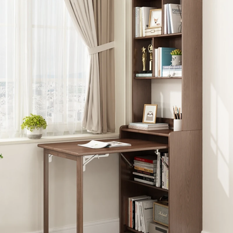 Corner Desk Bookshelf Combination Bedroom Small Folding Computer Desk Household Solid Wood Study Table Bookcase Integrated Table