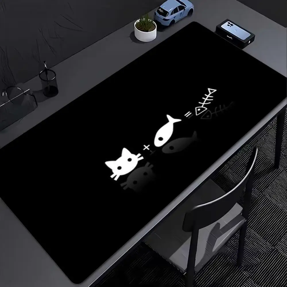Large XXL Deskmat Black Cat Fish Skeleton 404 Error Gothic Claw Graphic Rubber Mousepad Overlock Keyboard PC Accessories