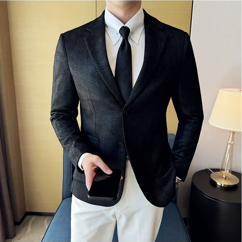 Vintage Suede Line Striped Fashion Suit Jacket 2024 New High-end Luxury Business Office Slim Fit Social Wedding Party Dress Coat