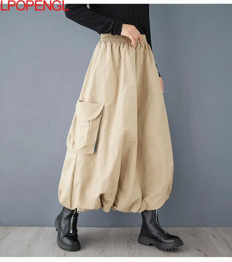 Fashion Spring And Summer Loose Casual Three-dimensional Pocket Denim Stitched Women\'s Mid-length Elastic Waist Vintage Skirt